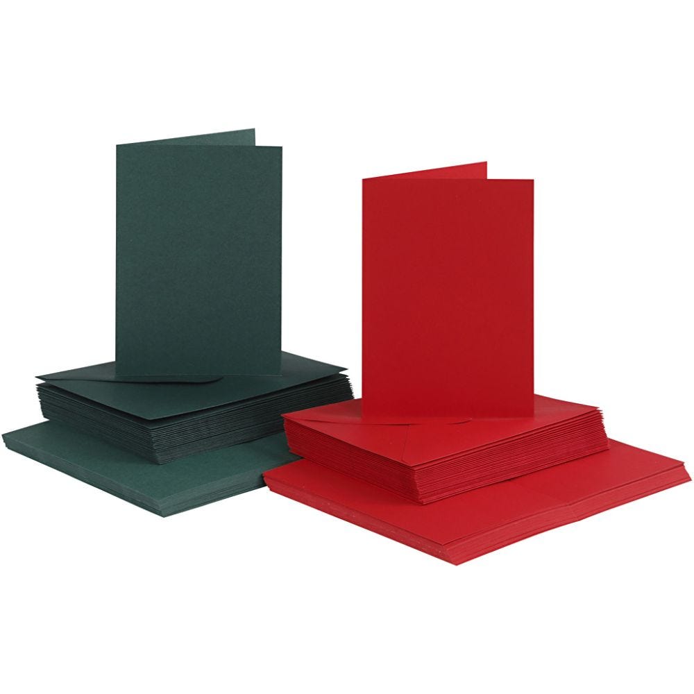 Kort og konvolutter, kort str. 10,5x15 cm, konvolutt str. 11,5x16,5 cm, 110+230 g, grønn, rød, 50 sett/ 1 pk.
