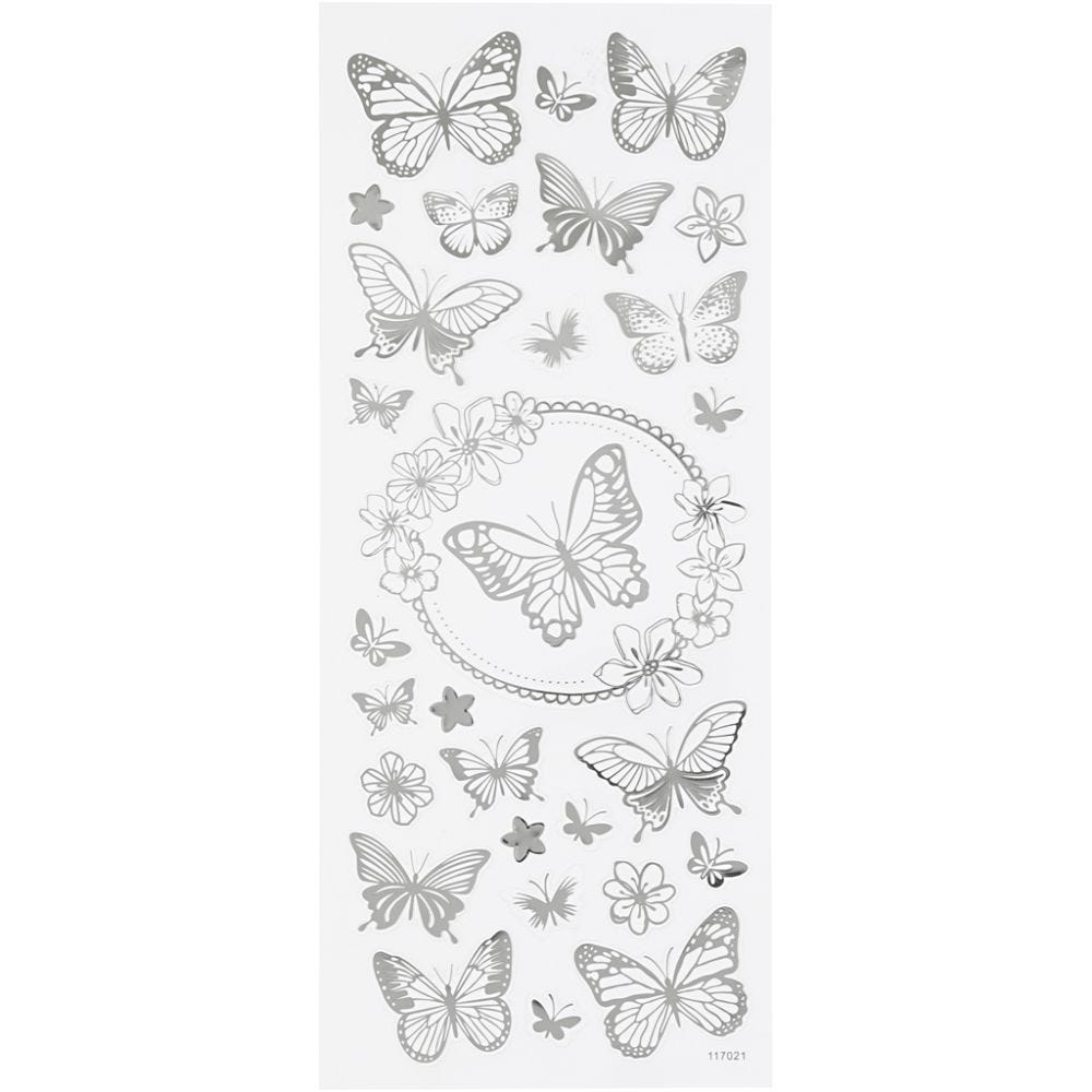 Stickers, sommerfugl, 10x24 cm, sølv, 1 ark