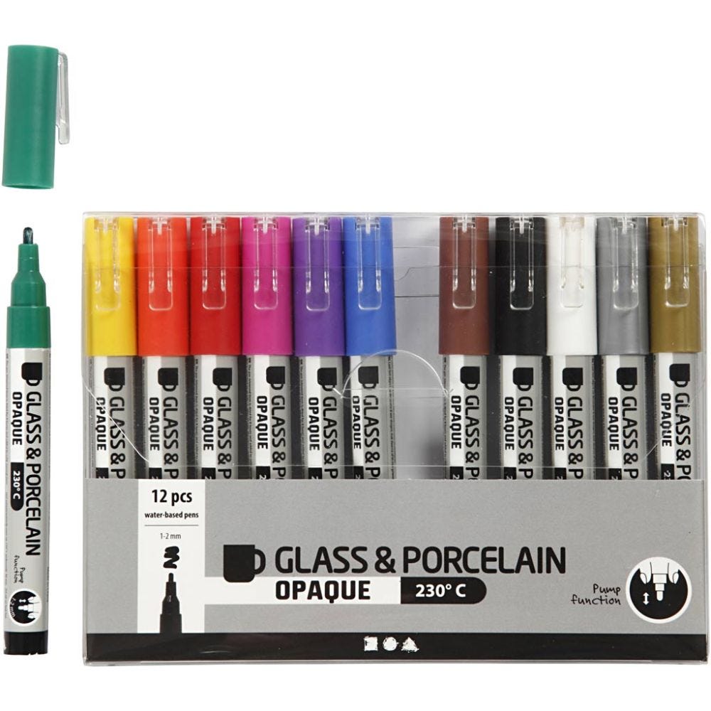 Glass- og porselenstusj, strek 1-2 mm, semi opaque, ass. farger, 12 stk./ 1 pk.