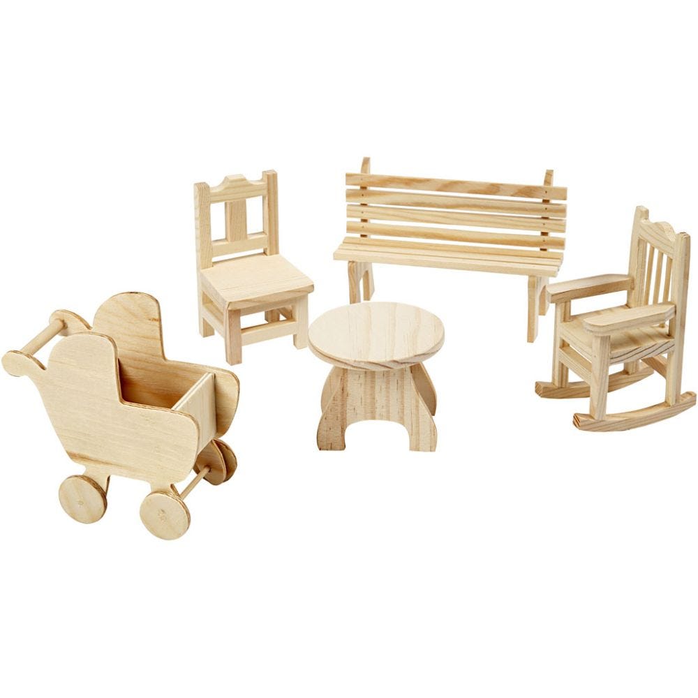 Minimøbler, stol, benk, gyngestol, bord, barnevogn, H: 5,8-10,5 cm, 50 stk./ 1 pk.