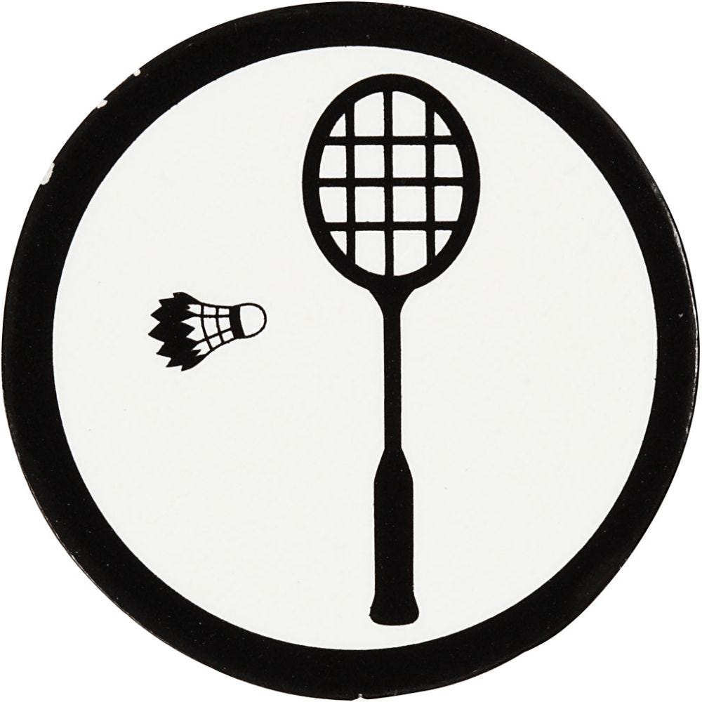 Kartongmerke, badmintonspiller + fjærball, dia. 25 mm, hvit/sort, 20 stk./ 1 pk.